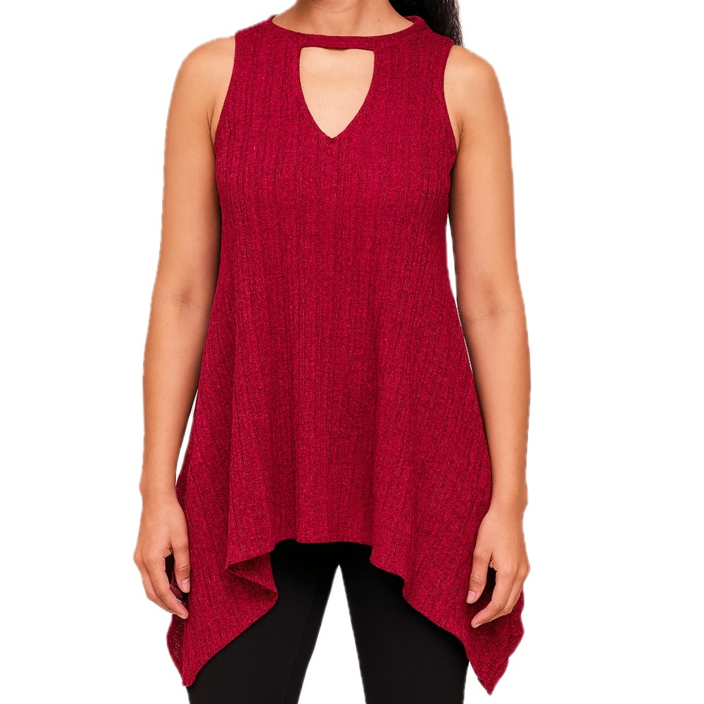 Jennifer Lopez Red Sleeveless Asymmetrical Tunic Top with Keyhole Neckline